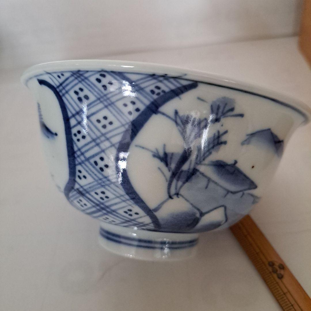 江戸中期　盛化年　薄焼　反縁　白磁椀　染付青磁　縦三割文　古伊万里染付