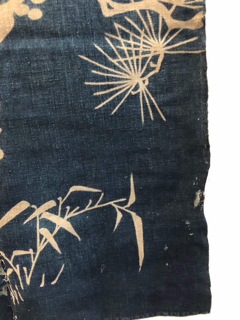 藍染筒描き三巾加賀のれん時代物木綿古布　ソ-182
