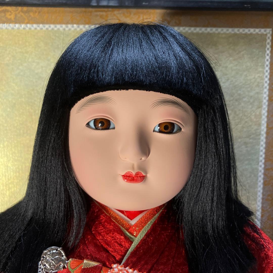 市松人形 ガラスケース入り 赤地桜着物 銘札あり