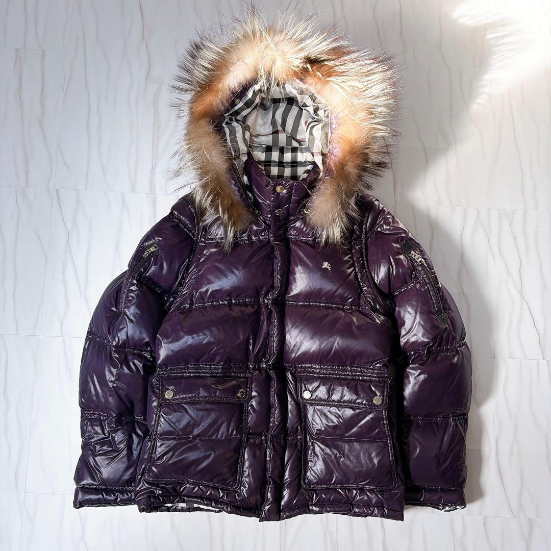 バーバリーブラックレーベル ダウンジャケット ファー ノバチェック 紺 Lサイズ