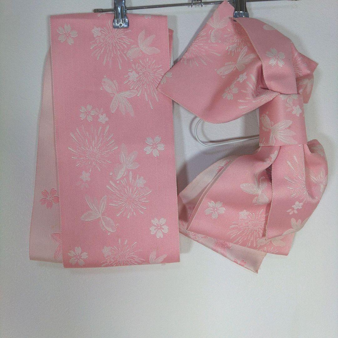レディース　浴衣セット　身丈158cm　ピンク　作り帯　白　兵児帯　リボン　巾着