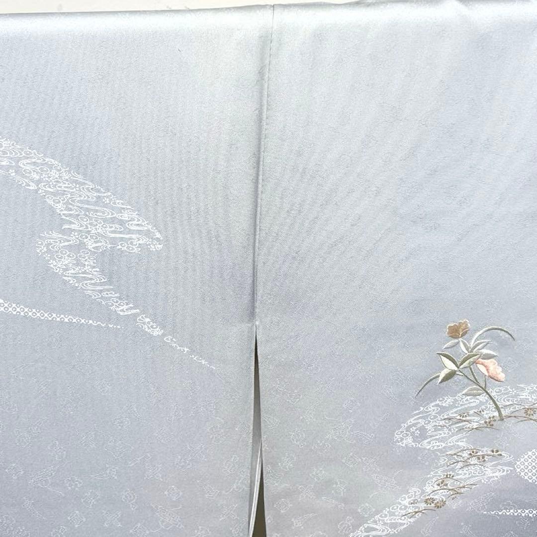 訪問着　刺繍　流水　撫子　芝草　蝶　菊　鱗　鹿の子　紋無し　着物　044k d