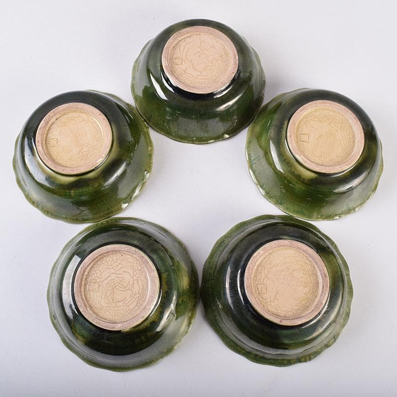 北大路魯山人作　織部焼　輪花小鉢　五客　共布　黒田陶々庵極め箱　M　R8898B