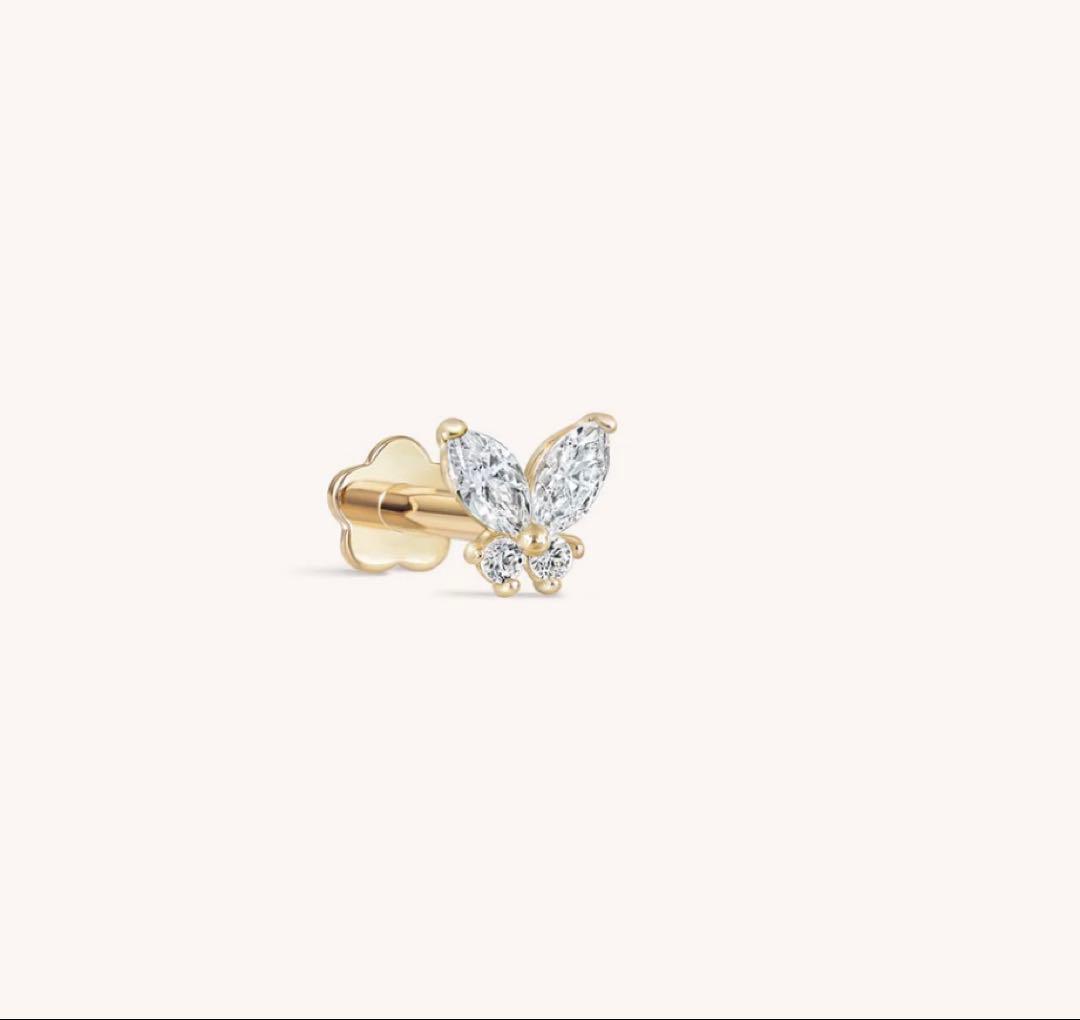 14K ソリッドゴールド シングル ミニ スパークル バタフライ ピアス