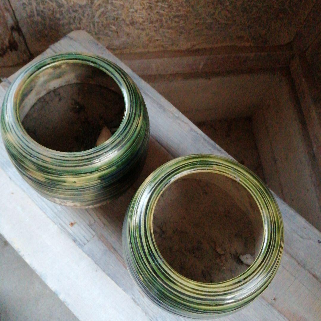 瀬戸焼　織部野菊火鉢一対　22cm　昭和初期～中期