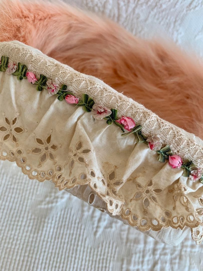 フランスアンティークカットワークレースフラワーガールバスケット＋ミニクッション