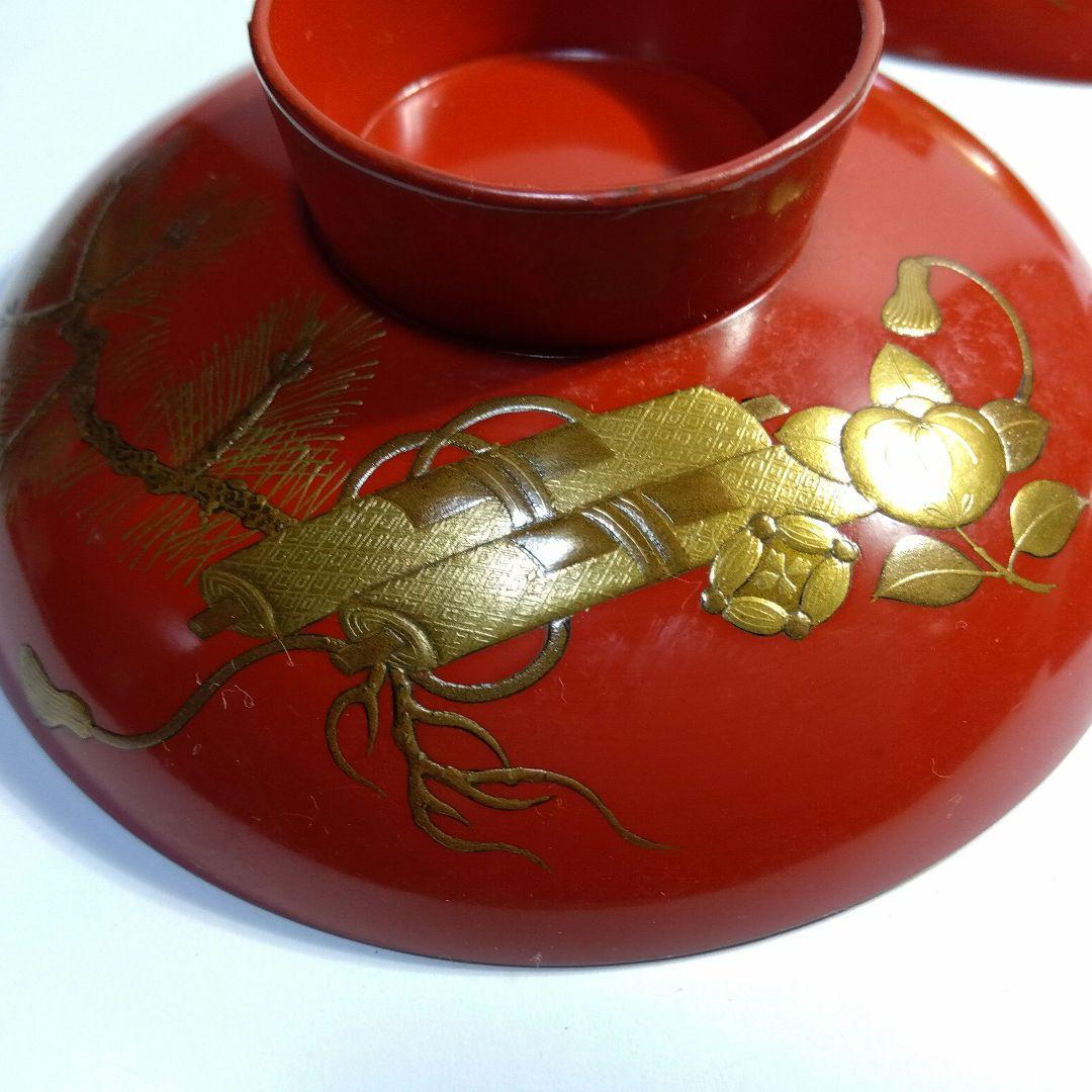 加賀蒔絵　高蒔絵祝い盃　三ッ組盃　　漆芸　時代高級高蒔絵盃　大正期　黒塗共箱