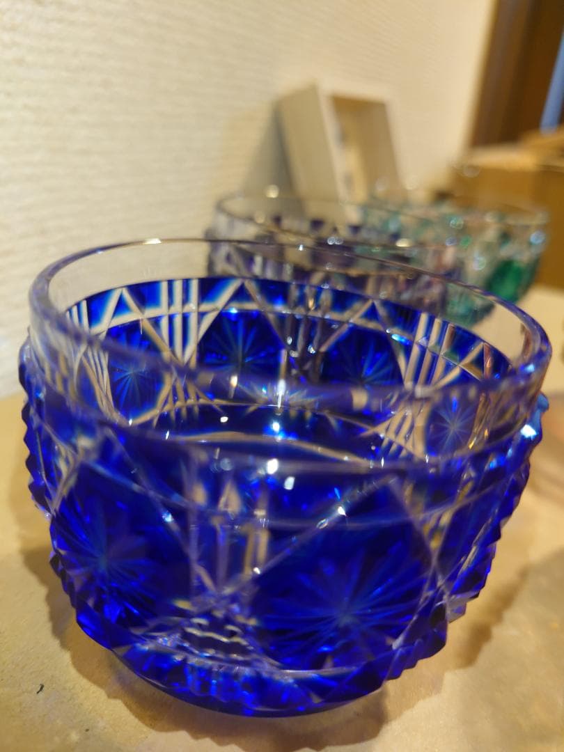 【未使用】薩摩切子　薩摩びーどろ工芸作　五色五客　色被せ　切子猪口