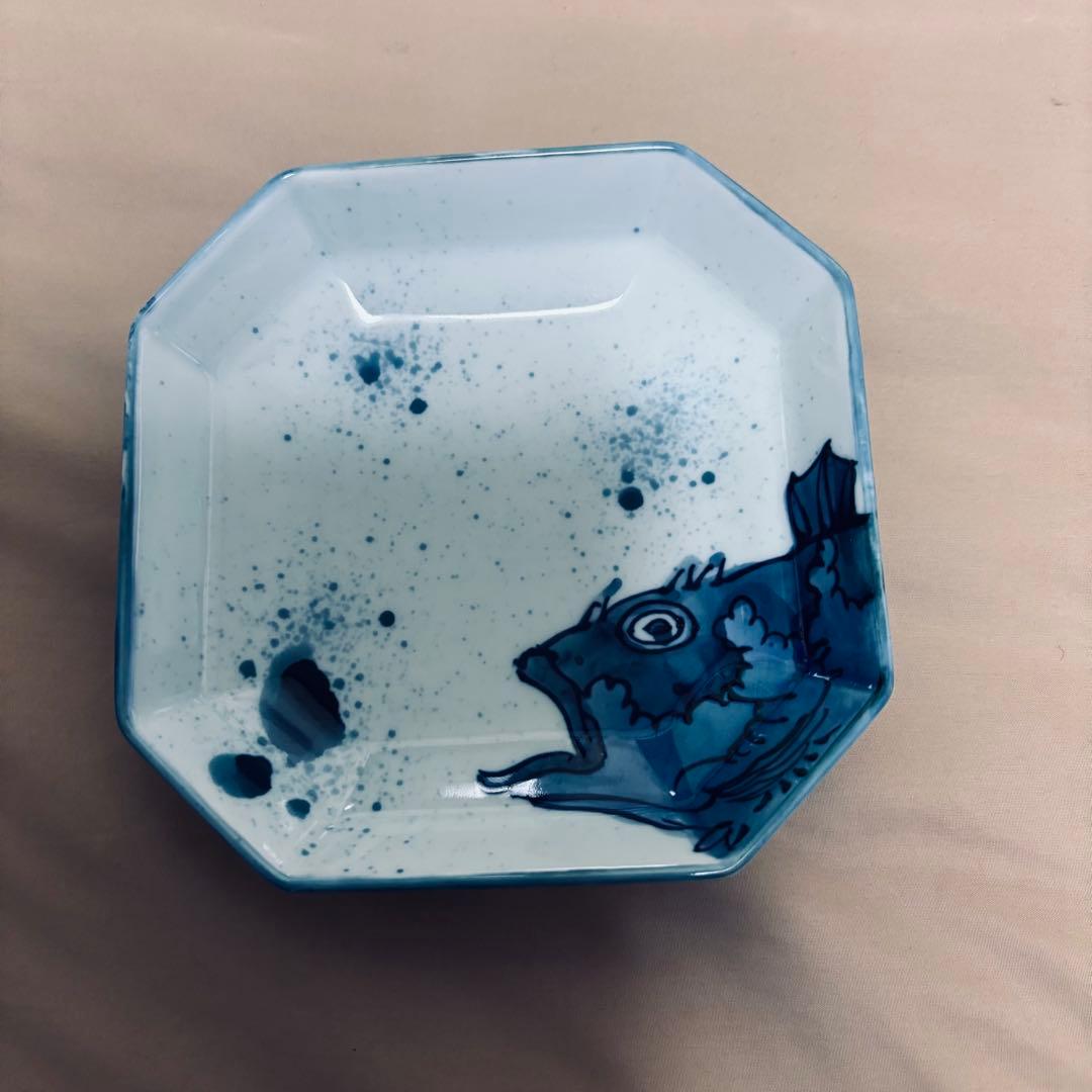 古伊万里 源右衛門作 染付 吹墨 魚図　銘々皿 5枚 有田焼