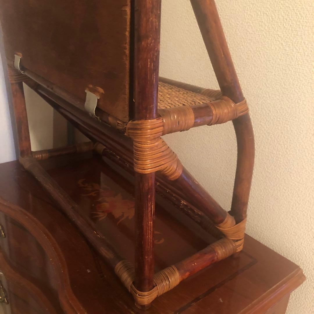 ヴィンテージ　ラタン　ミラー　立て掛け　壁掛け　タオルバー付き　籐　鏡