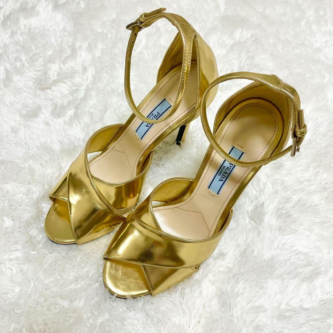 美品✨PRADA プラダ サンダル ハイヒール メタリック ゴールド 22.5