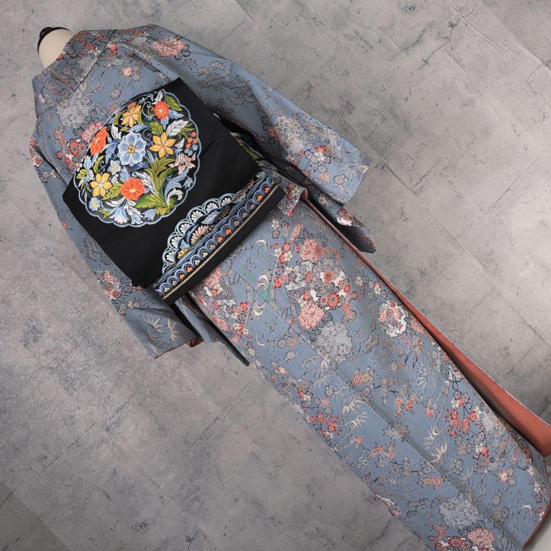 小紋　フルセット　着物　正絹　グレー水色地　鳥　花　彩　バチ衿　着物生活　E1