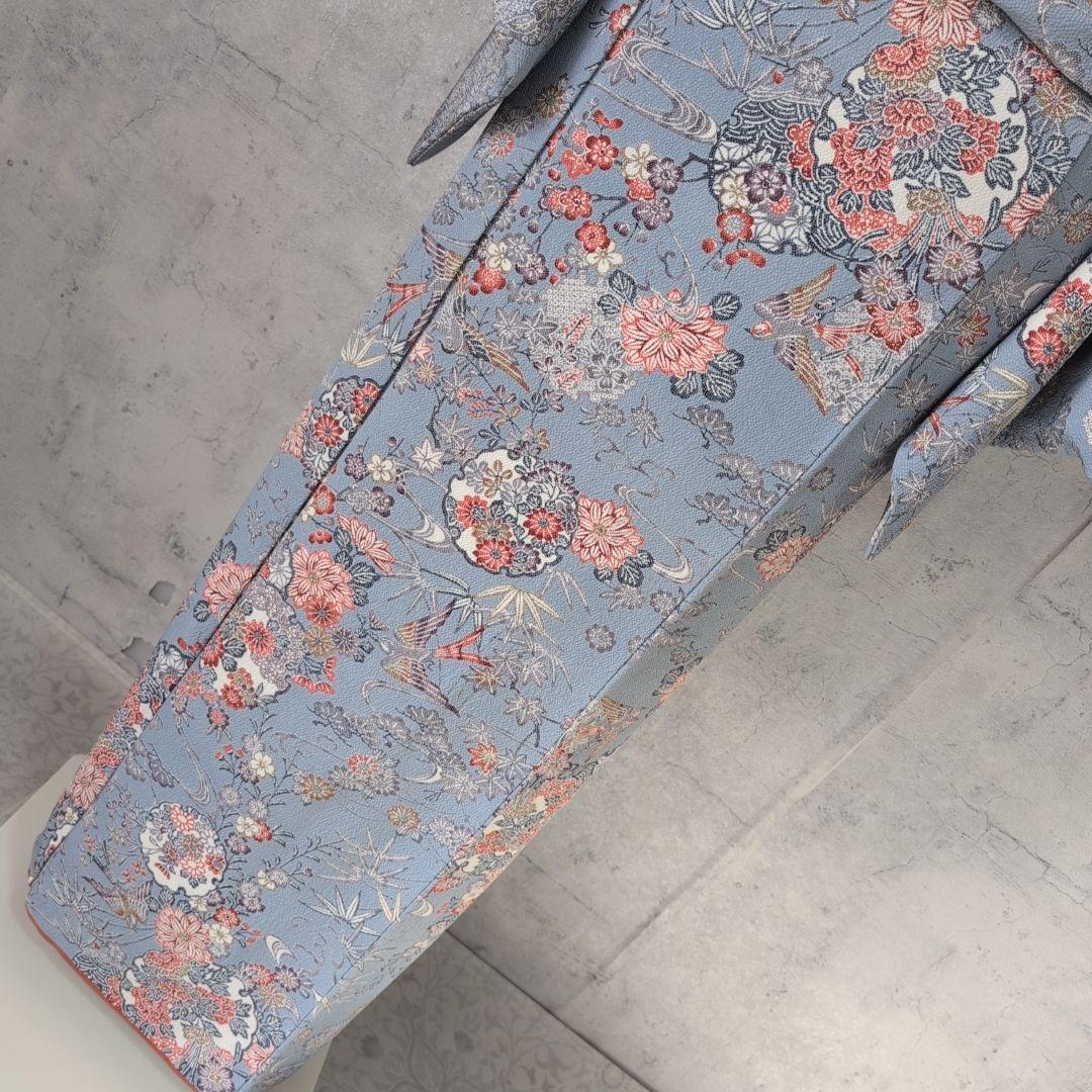 小紋　フルセット　着物　正絹　グレー水色地　鳥　花　彩　バチ衿　着物生活　E1