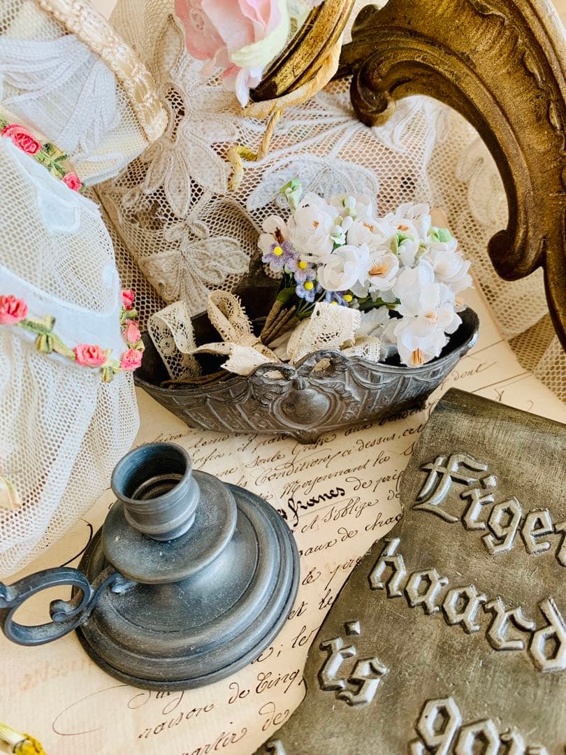 フランスアンティークジャルディニエール布花＆キャンドルホルダー＆オランダプレート