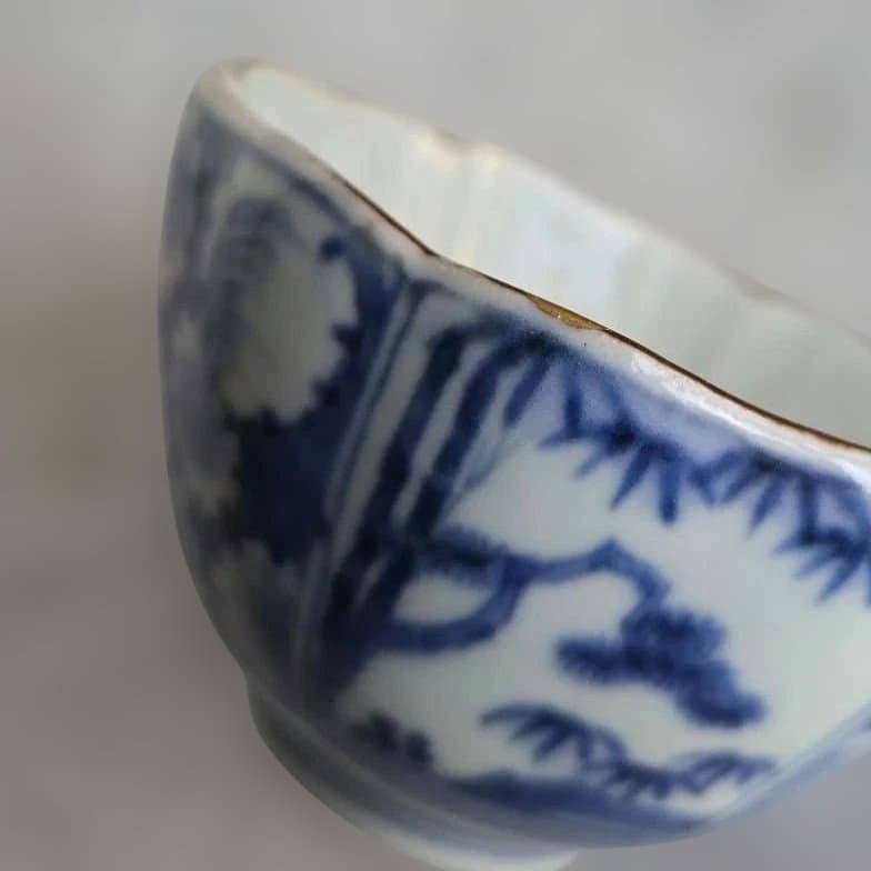 古伊万里　染付　向付　雪輪　芙蓉手　江戸時代　酒器　アンティーク　金継ぎ　金直し