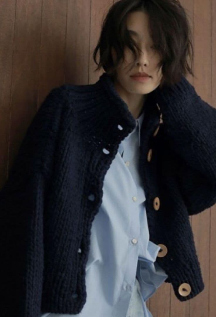 ETRE TOKYO スタンドネックハンドニットカーディガン ネイビー