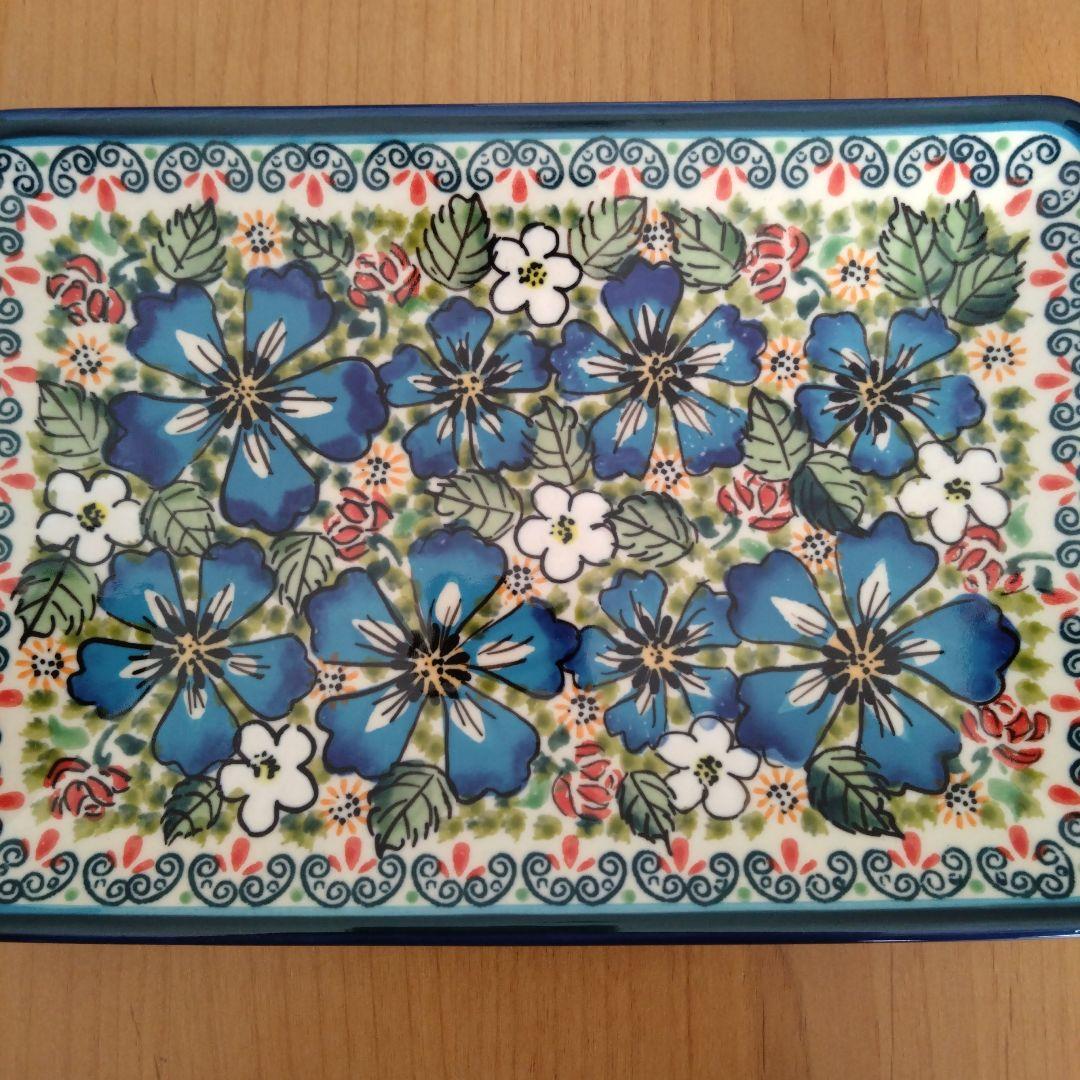ポーリッシュポタリー 長方形のお皿 大 (水色の花)