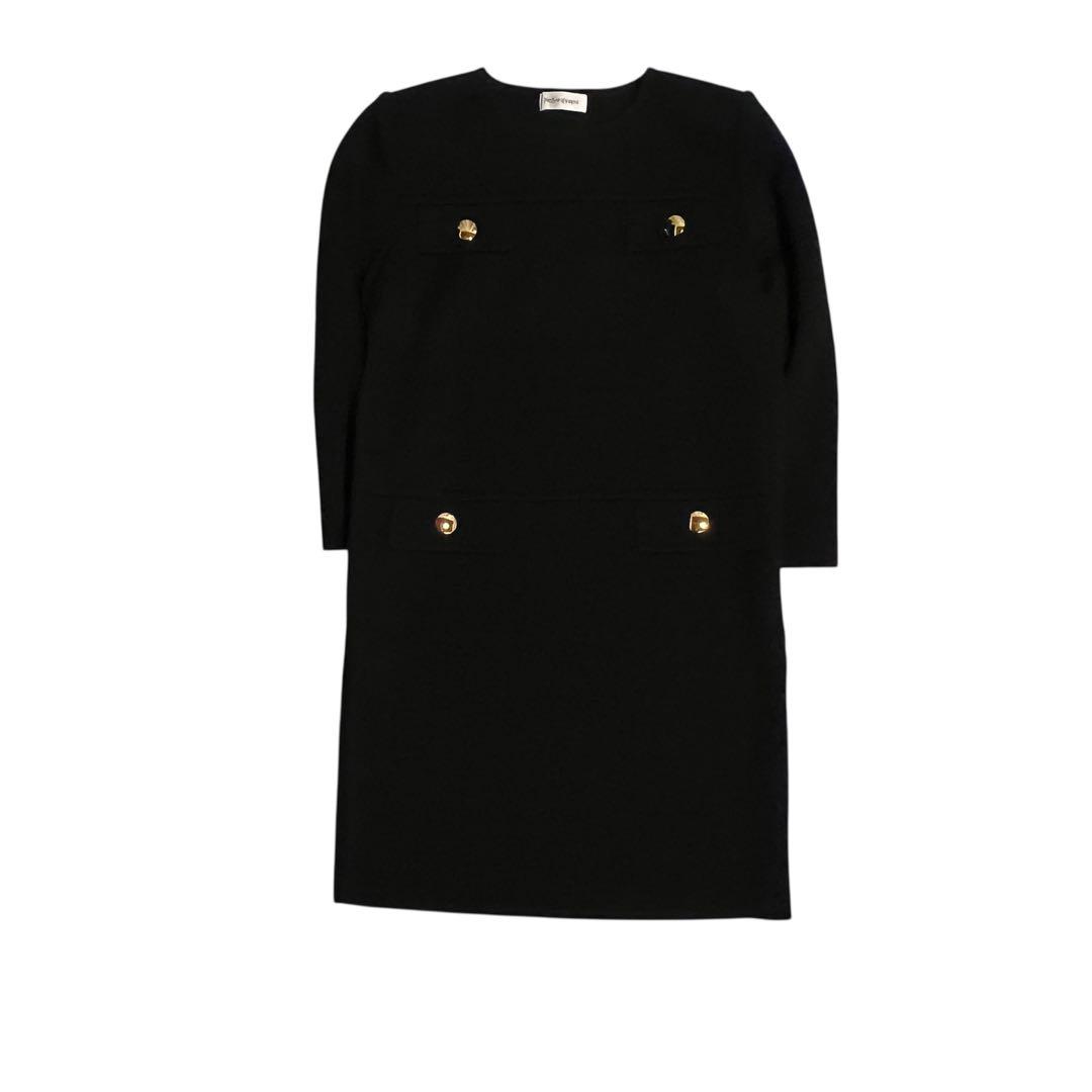 イブサンローラン ブラック ワンピース ウール L 金ボタン 膝丈