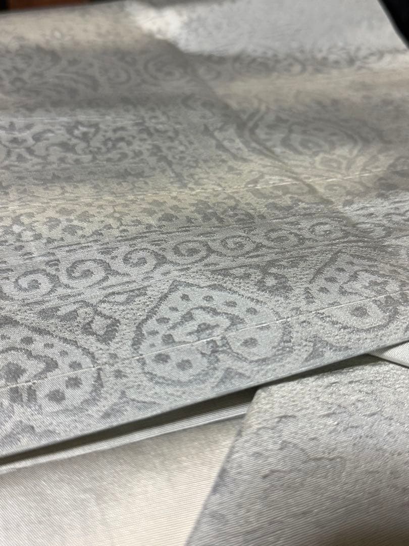 [美品] 名古屋帯　正絹　白　霞　更紗　唐草　洒落帯　カジュアル　小紋　紬