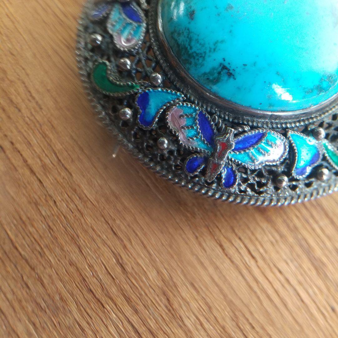 更に更に値下げ❗️ヴィンテージ SILVER×トルコ石七宝焼の帯留めブローチ