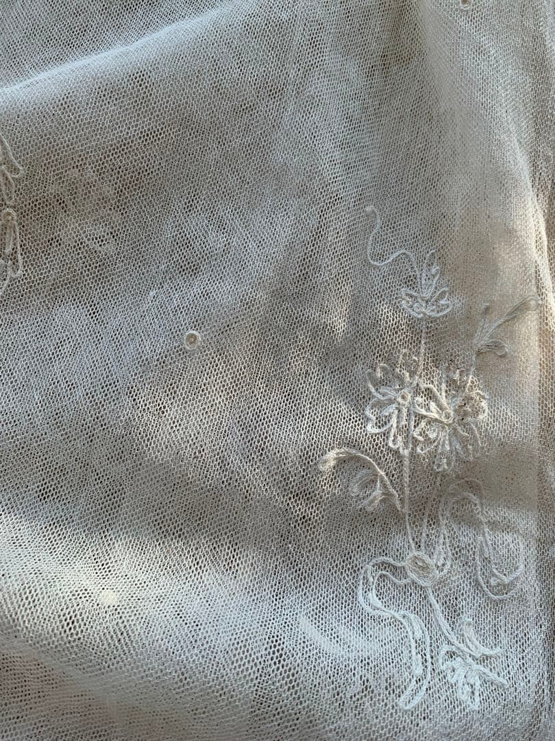 フランスアンティークコーネリー刺繍チュールレースロングカーテン※古色ホワイト