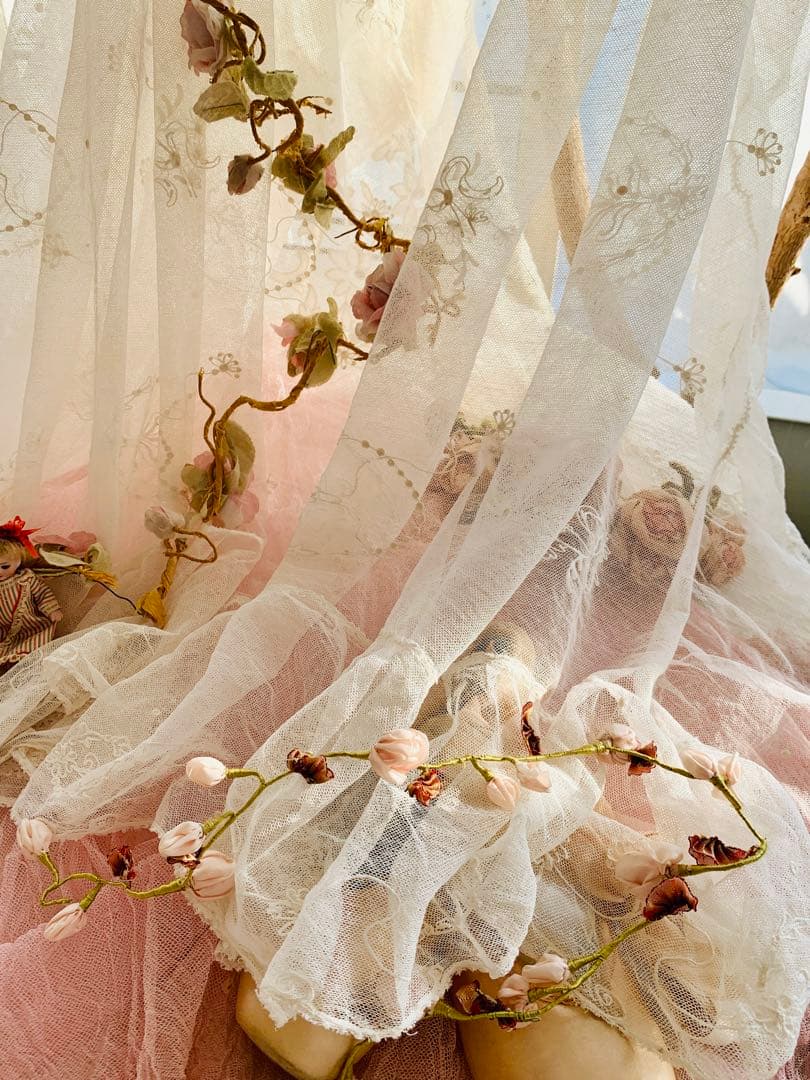 フランスアンティークコーネリー刺繍チュールレースロングカーテン※古色ホワイト