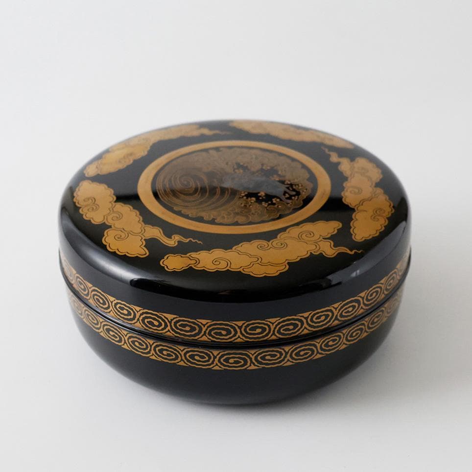 時代年代物 輪島塗 黒塗 金蒔絵 喰籠 浪に兎紋 茶道具 懐石 黄布 合箱