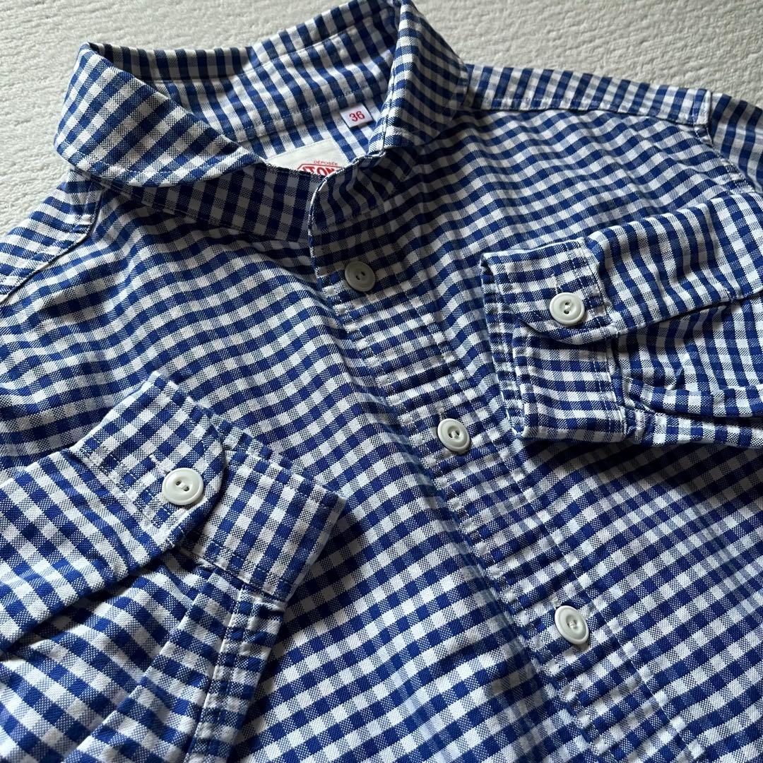 美品 DANTON ギンガムチェック 丸襟 ラウンドカラー シャツ M ブルー