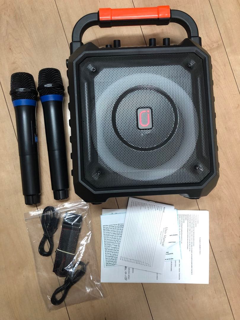 ポータブルスピーカー カラオケ 本体超軽量 ワイヤレスマイク2本付き スピーカー