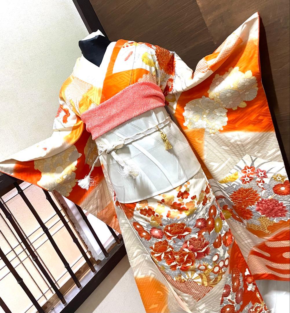 振袖 フルセット6点サイズM〜Ｌ駒刺繍　扇面花車文　暈し染め　金彩　正絹