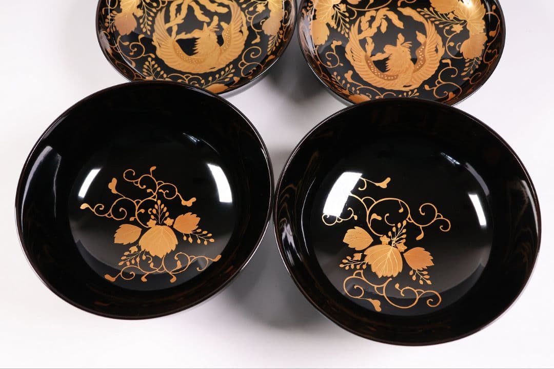 【MB193】天然木漆塗 鳳凰桐唐草 金蒔絵 黒塗 吸物椀 二客 大正昭和