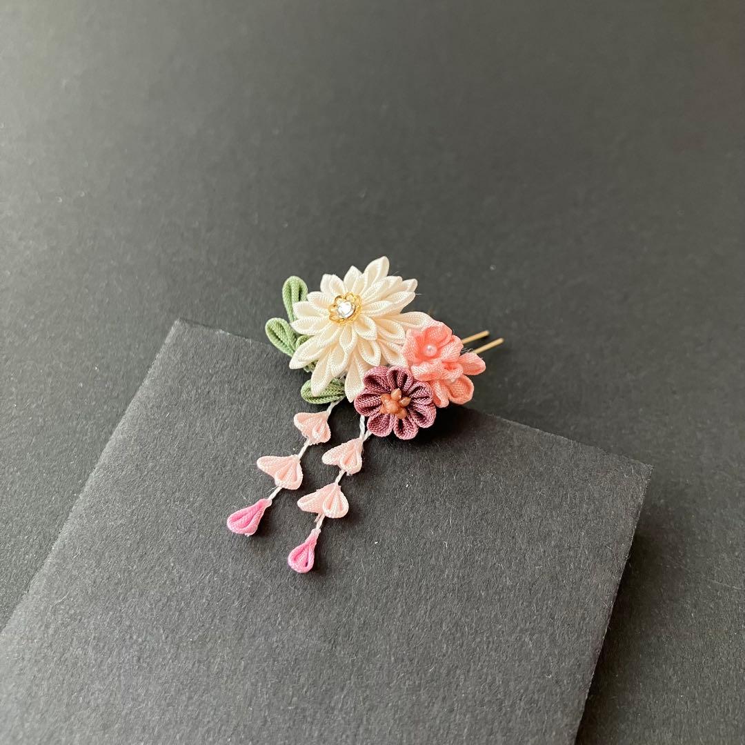 ドール用　ホワイト×ピンク和風かんざし 髪飾り　リカちゃん　振袖　着物