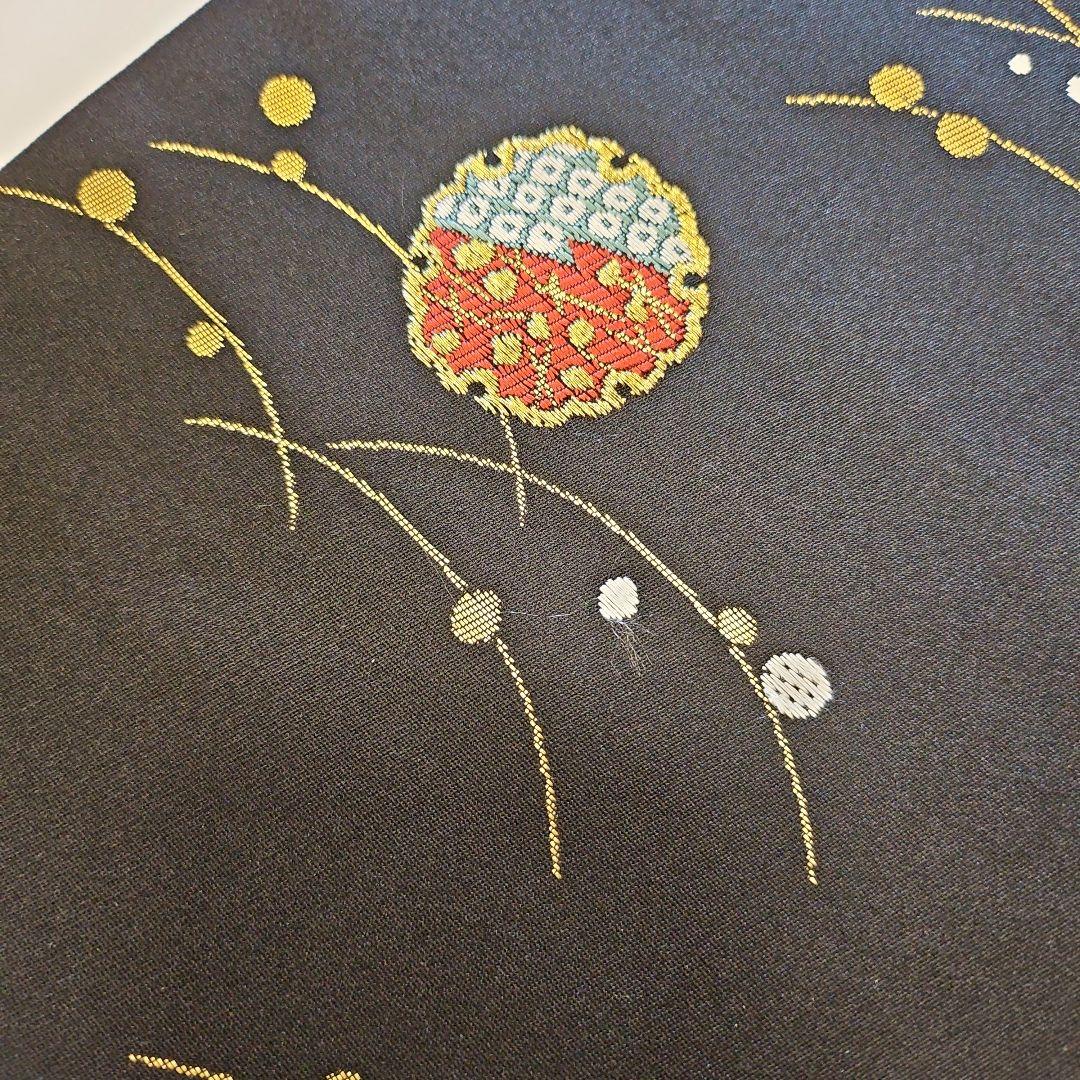 名古屋帯☆雪輪文様☆九寸☆露草☆正絹☆セミフォーマル☆黒地☆金彩