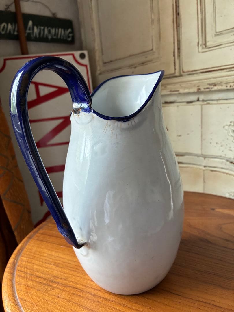 フランス　アンティーク　ホーロー　ジャグ　ピッチャー　水差し　ホワイト　100年