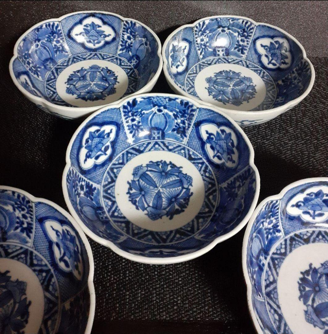 【最上作品❗️】江戸時代中期　元禄～享保　藍柿右衛門　染付　花の図　輪花皿　5客