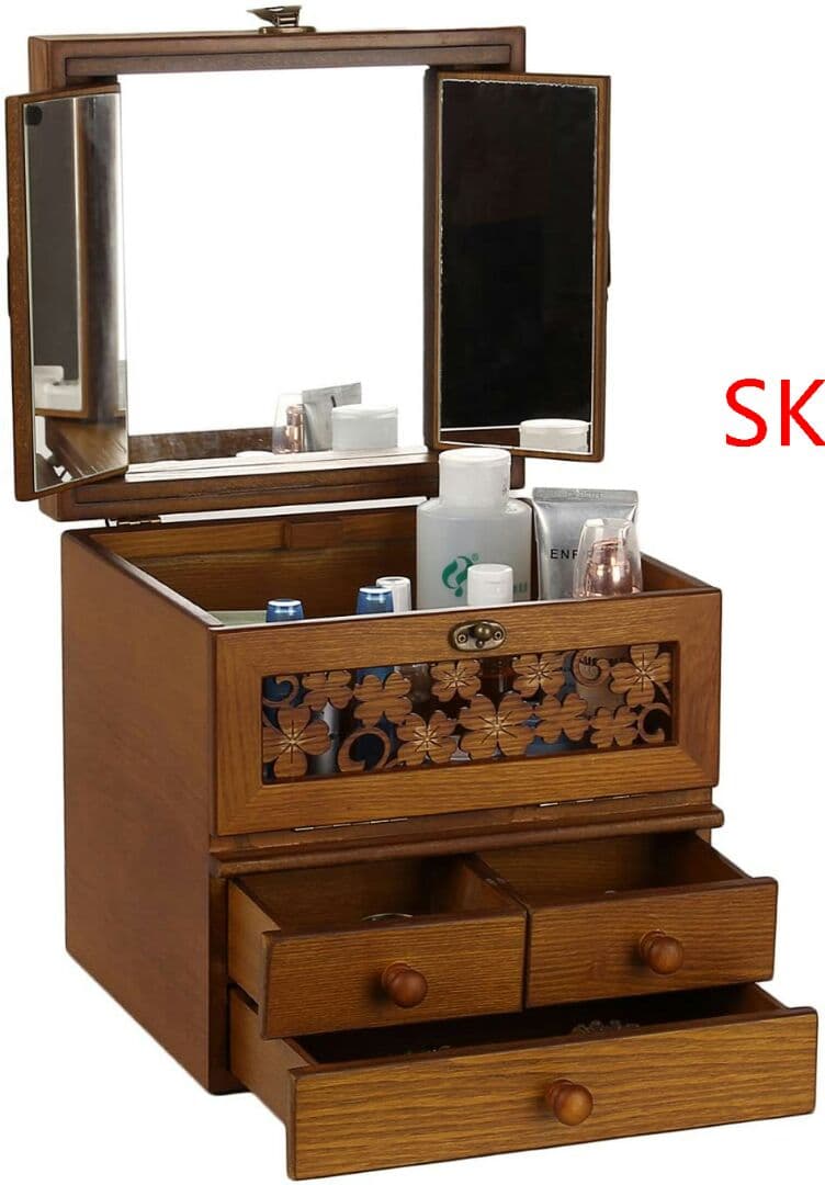 コスメボックス メイクボックス 三面鏡 四葉のクローバーデザイン 化粧道具入れ