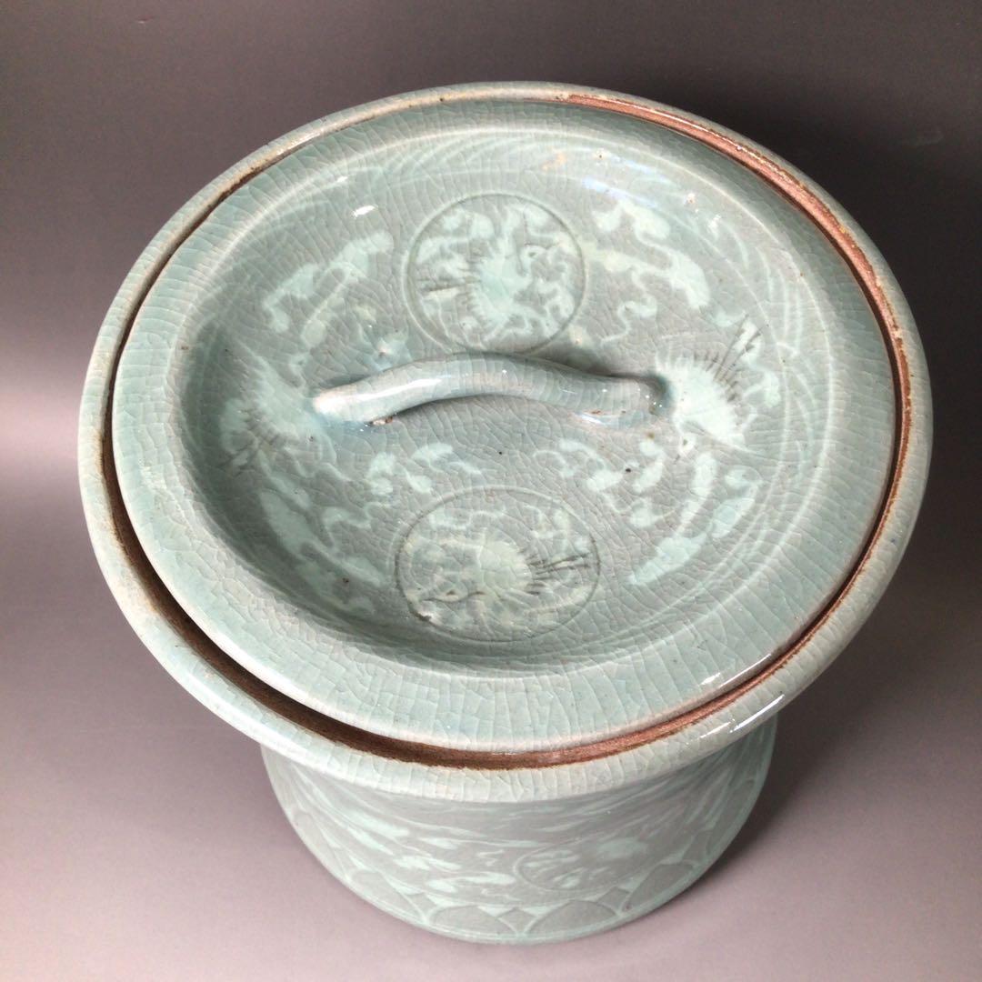Ｒ９４１　皆具　『李貞夏造』『象嵌雲鶴文』『高麗青磁皆具』　共箱　茶道具