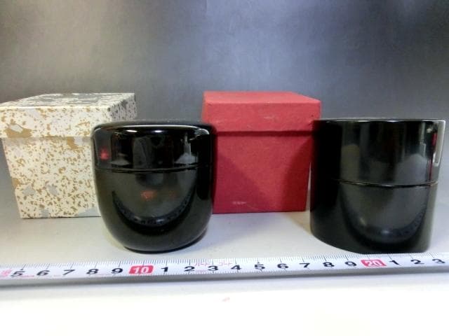 棗■茶入れ 塗り棗 黒塗り 2個セット 二二高棗 二度塗 木乾 四季の花 中次■