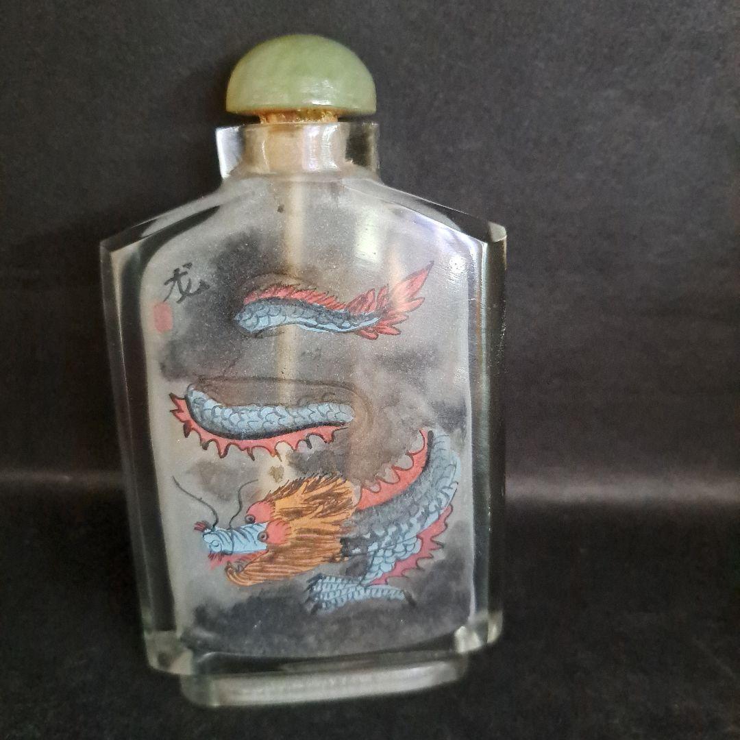 中国　清時代　硝子鼻煙壺　古玩　内絵龍文　角形精密　両面龍　内絵図　蓋◯◯牙さじ