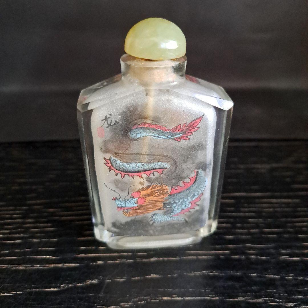 中国　清時代　硝子鼻煙壺　古玩　内絵龍文　角形精密　両面龍　内絵図　蓋◯◯牙さじ