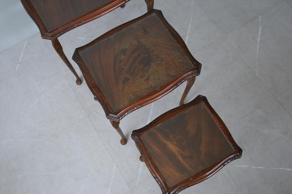 英国アンティーク猫脚ネストテーブル3台/木製机/サイドテーブル(88-11)