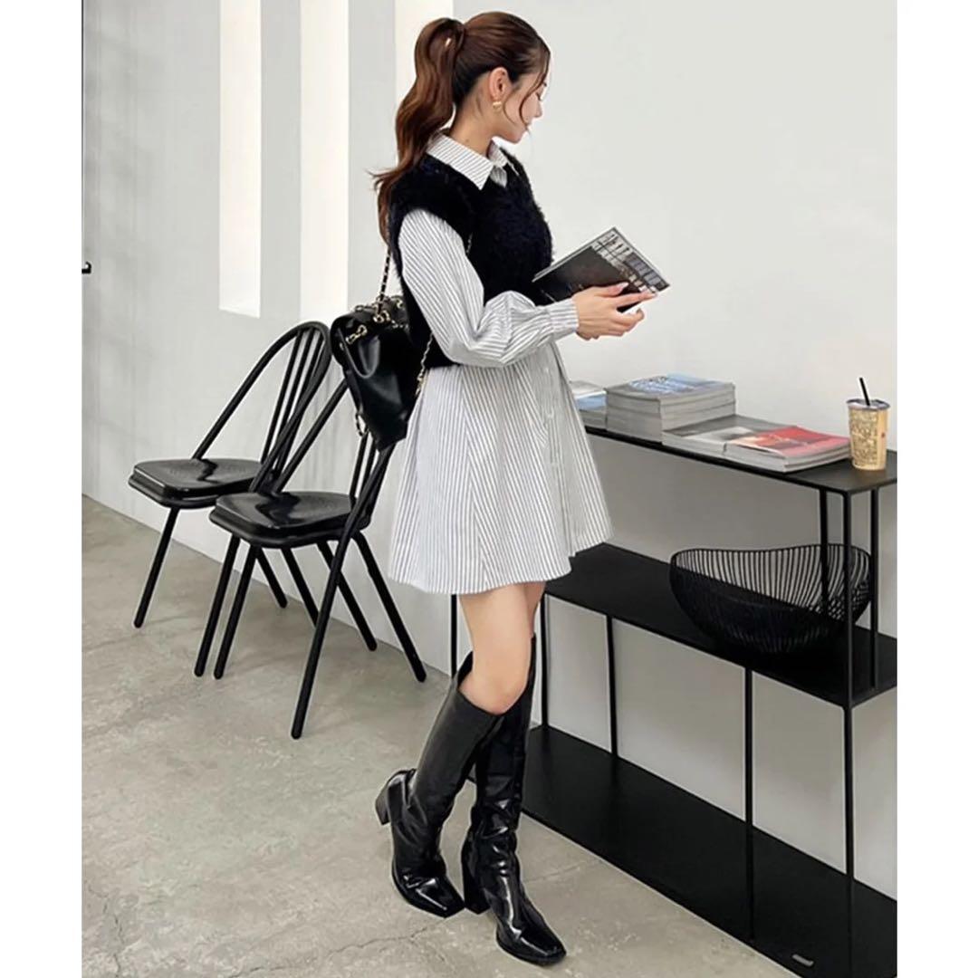 新品 ロイヤルパーティー ニットベスト付くびれるストライプシャツワンピース F