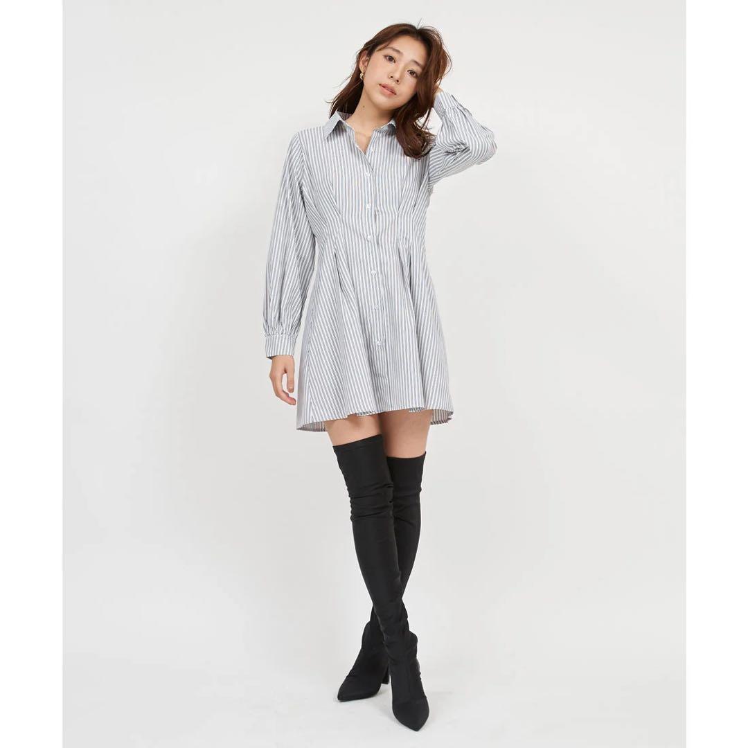 新品 ロイヤルパーティー ニットベスト付くびれるストライプシャツワンピース F