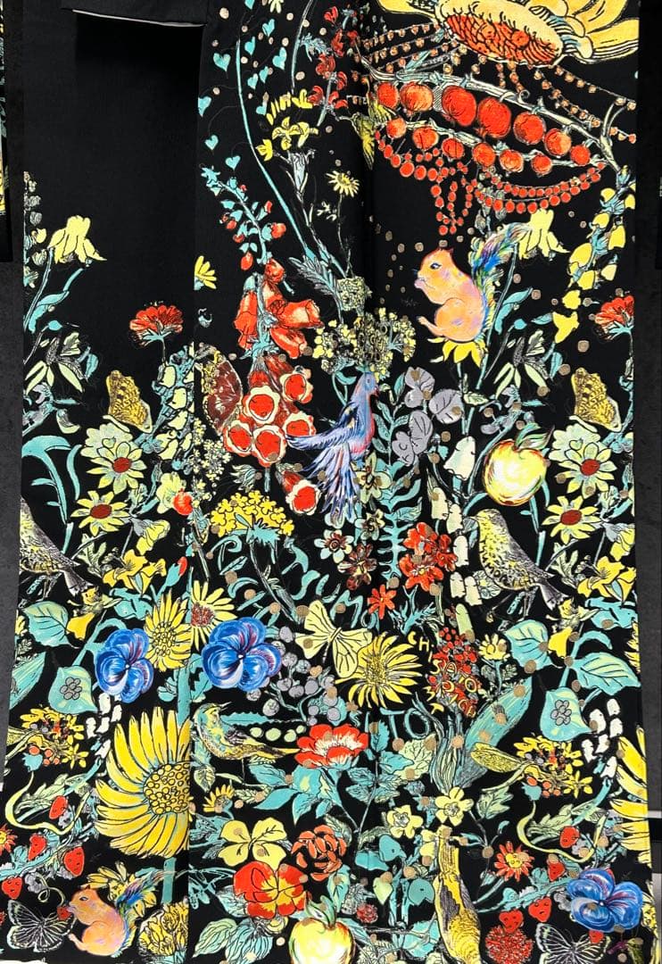 着物　振袖　Tsumori Chisato 黒地 鳥　リス　花 ポリエステル