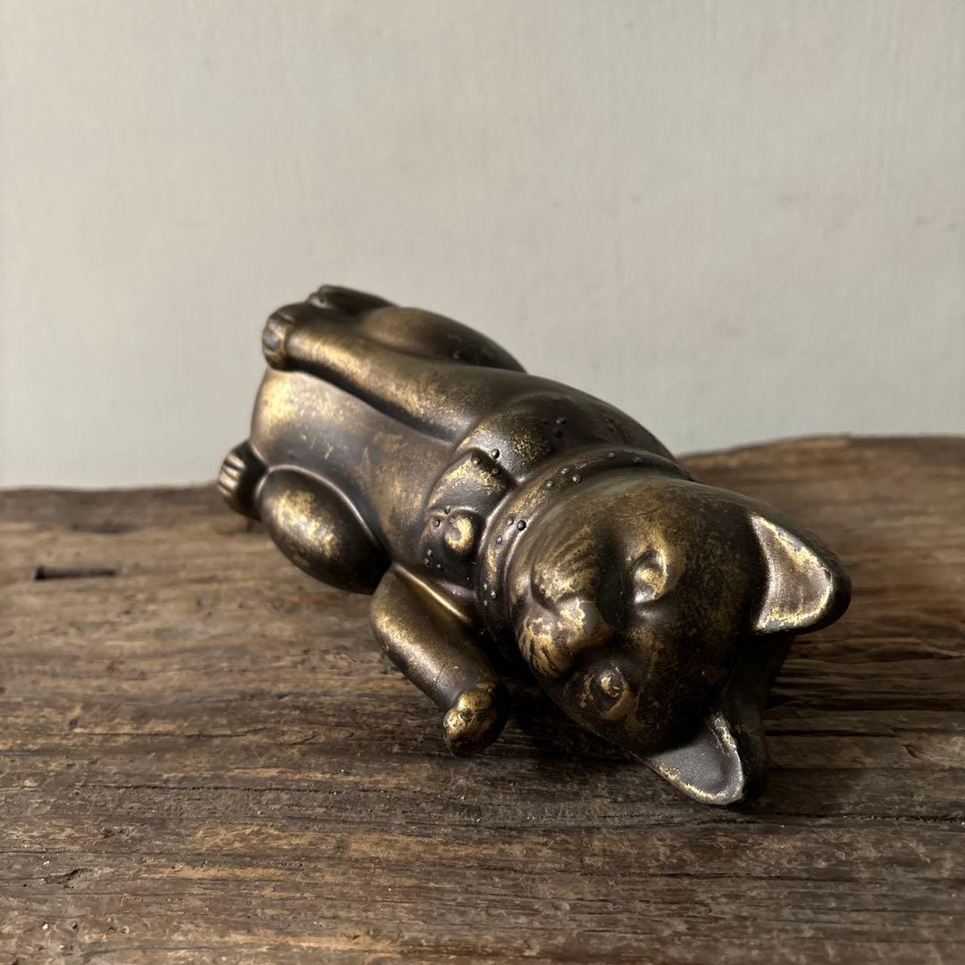 アンティーク　金属製の招き猫　縁起物　古道具　骨董品　福助人形　眠り猫　検:李朝