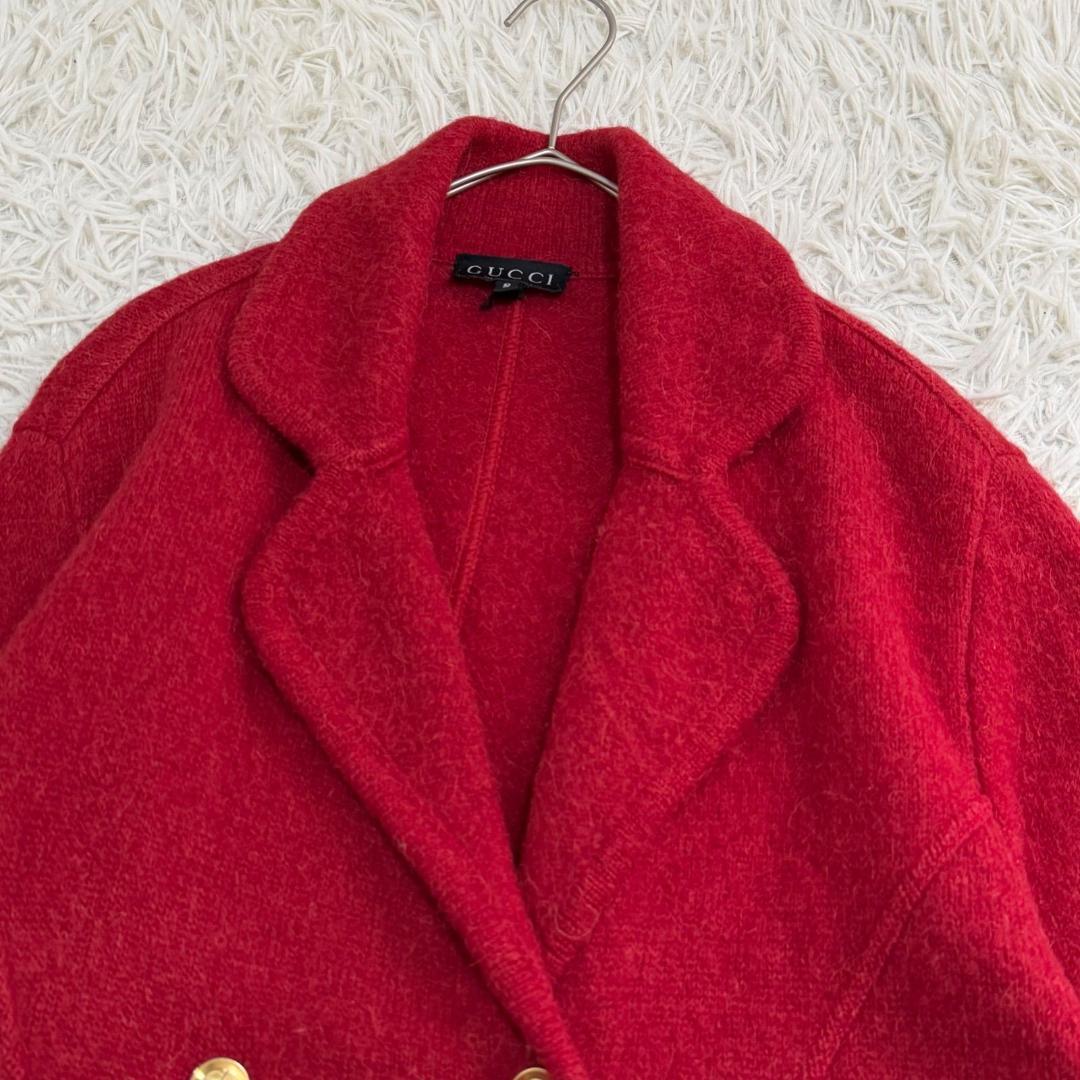 16737✨GUCCI ヴィンテージ 金ボタン ダブル ニットコート レッド
