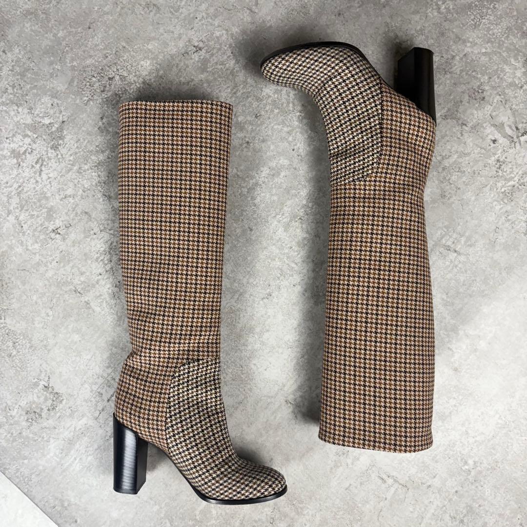 セリーヌ　CELINE ロングブーツ　36 チェック　ウール　ブラウン