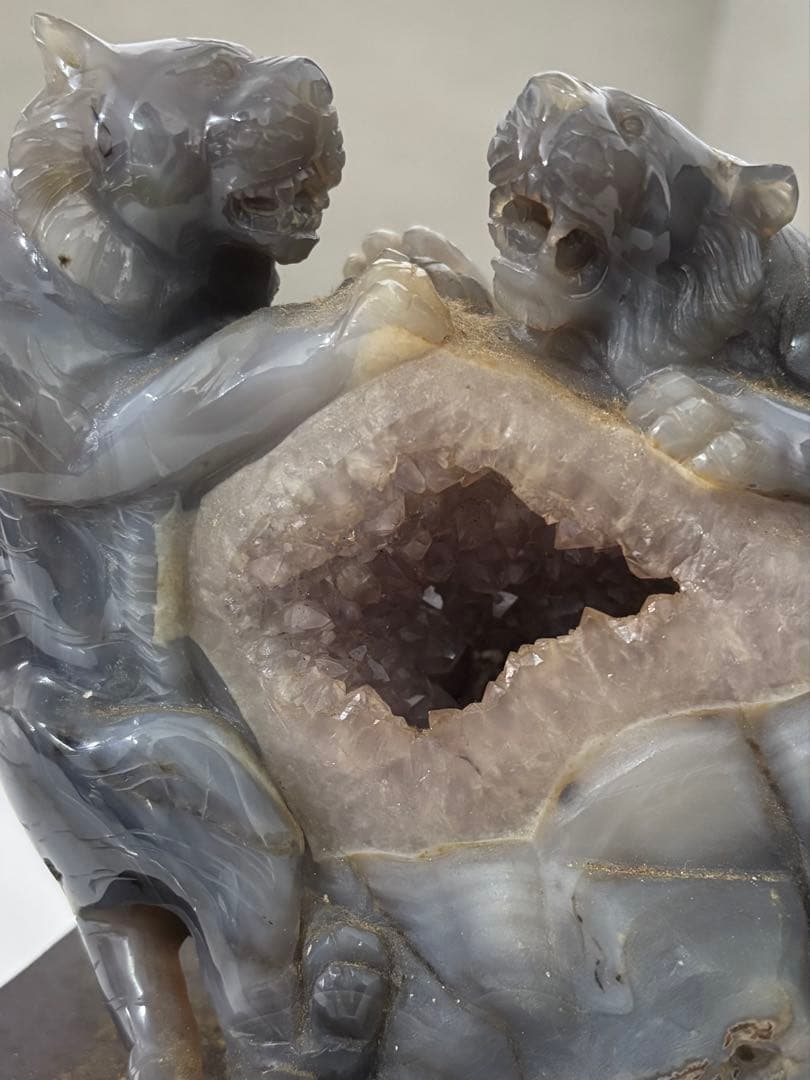 瑪瑙 双虎彫刻置物 希少 中国