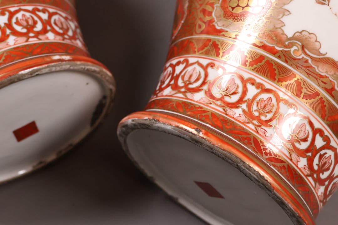 【M57】大日本九谷 久馬画 獅子 花鳥 赤絵 香壷 一対 九谷焼 香壺 沈香壺