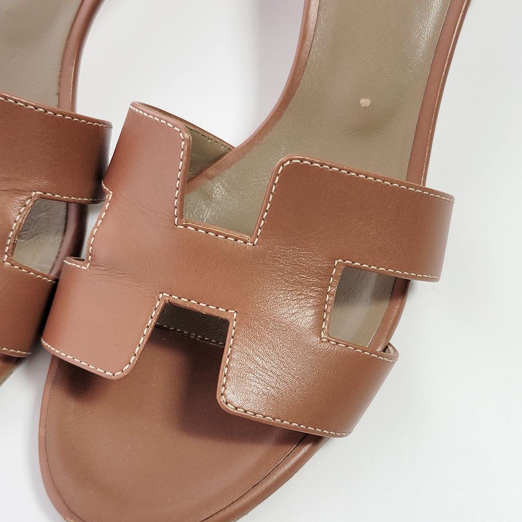 HERMESエルメス オアジスレザーミュール Hモチーフ　ブラウン系36 1/2